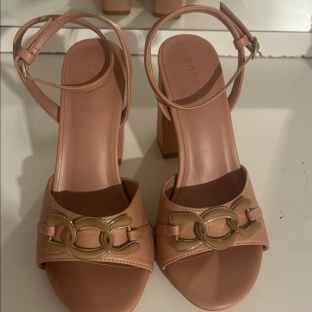 BAMBOO Women's Blush Heeled Sandals with Gold Accents